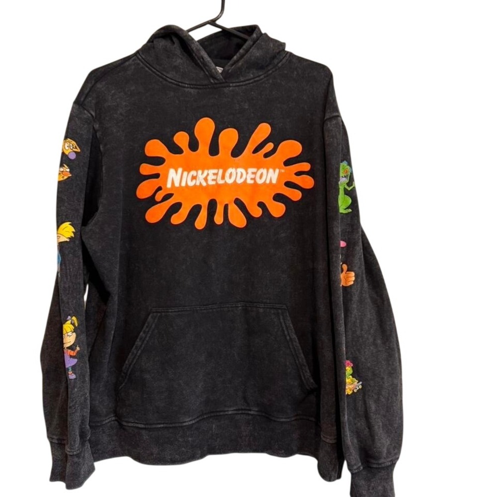 Nickelodeon Graphic Hoodie Mens Large‎ Black Acid Wash 90s Cartoon Excellent